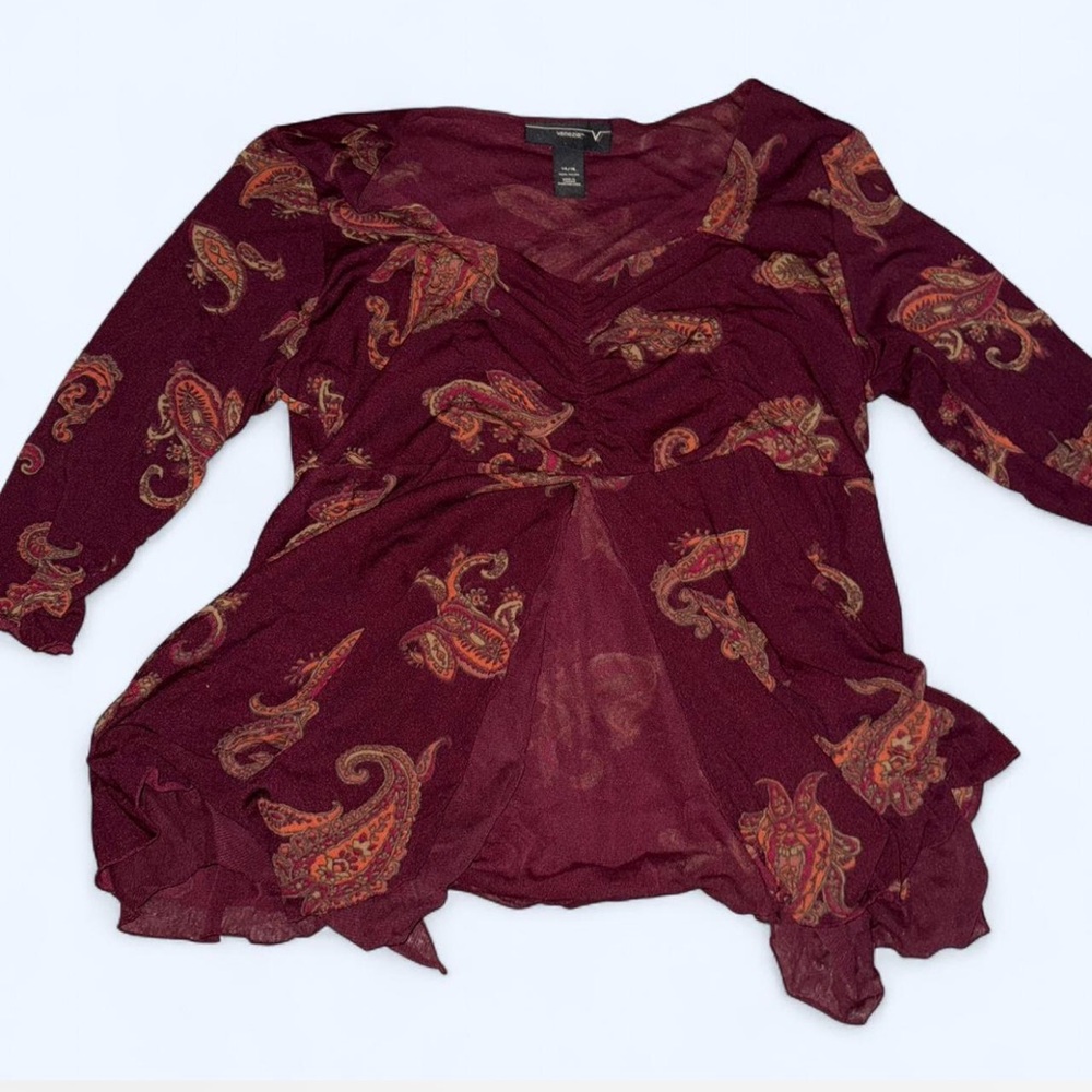 Venezia Burgundy Paisley Ruched V-Neck Tunic